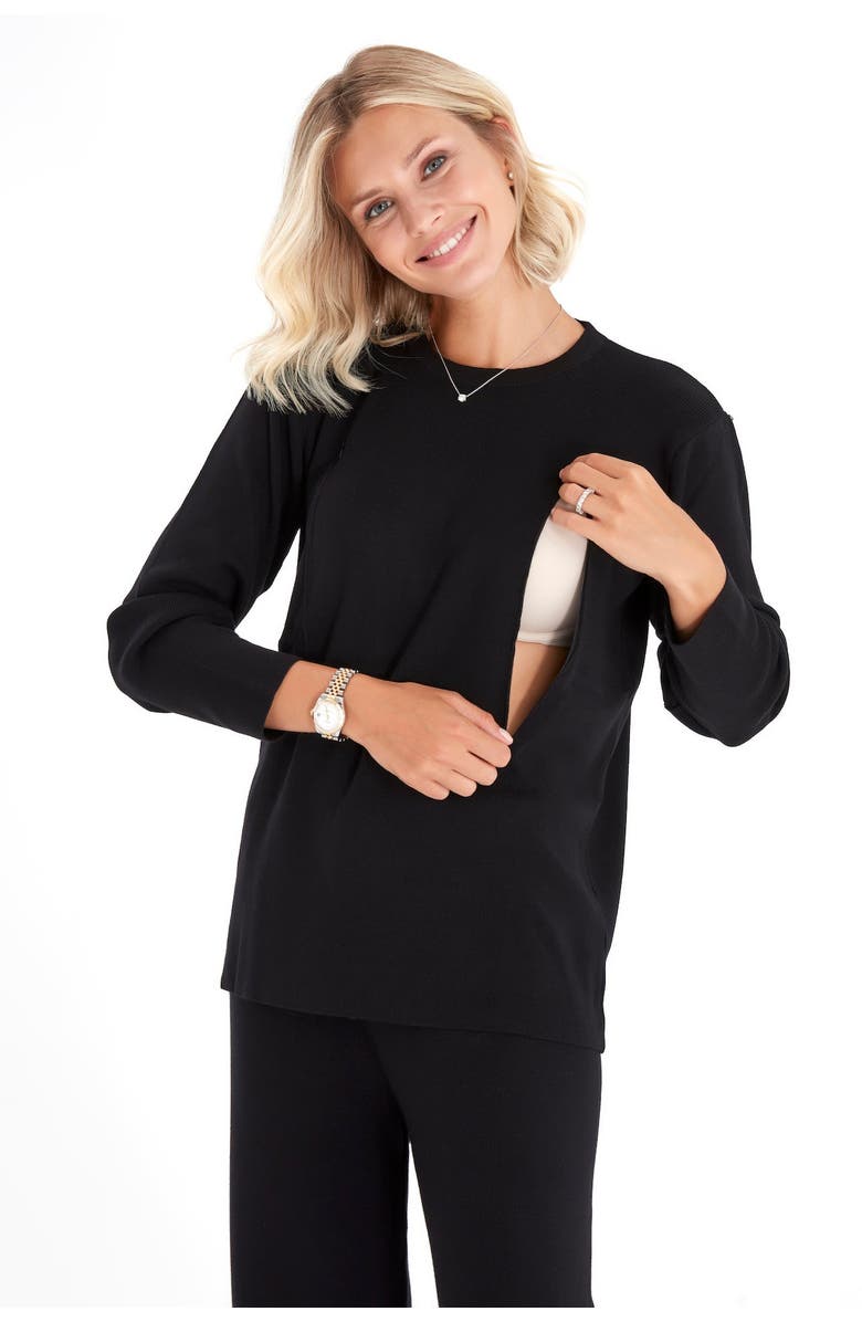 Accouchée Effortless Elegance Set with Rib Side Zip Long Sleeve Top & Lounge Pants, Alternate, color, Black