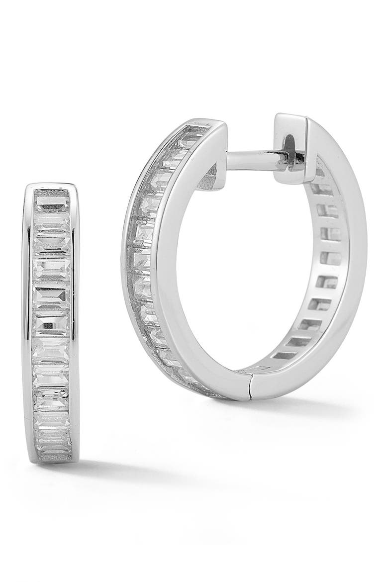 Baguette Huggie Hoop Earrings, Main, color, SILVER