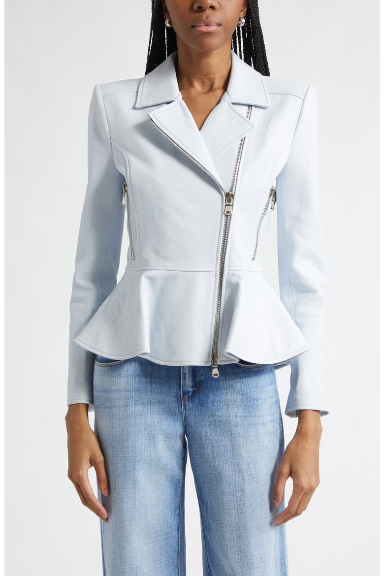 Lyric Peplum Leather Biker Jacket, Main, color, PALE MIST BLUE