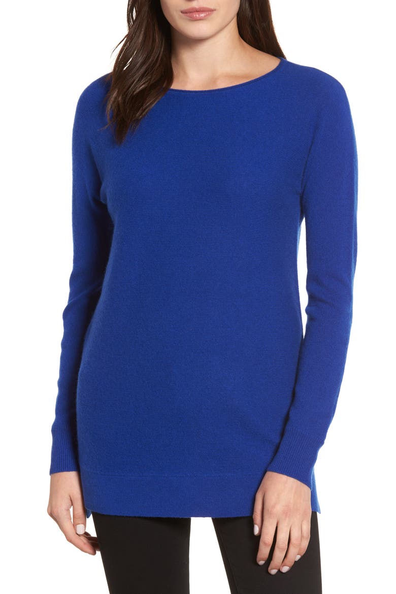 CASHMERE BLEND CURVED HEM TUNIC, Main, color, BLUE MAZARINE