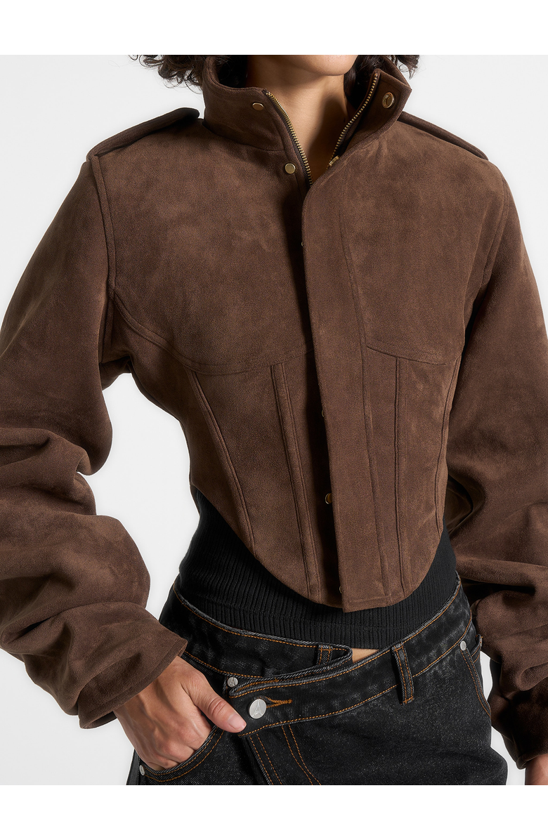 Manière De Voir Solange Suede Tacked Sleeve Corset Jacket, Alternate, color, Brown