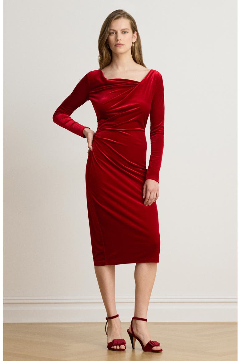 Draped Neck Long Sleeve Velvet Sheath Dress, Alternate, color, RED VELVET
