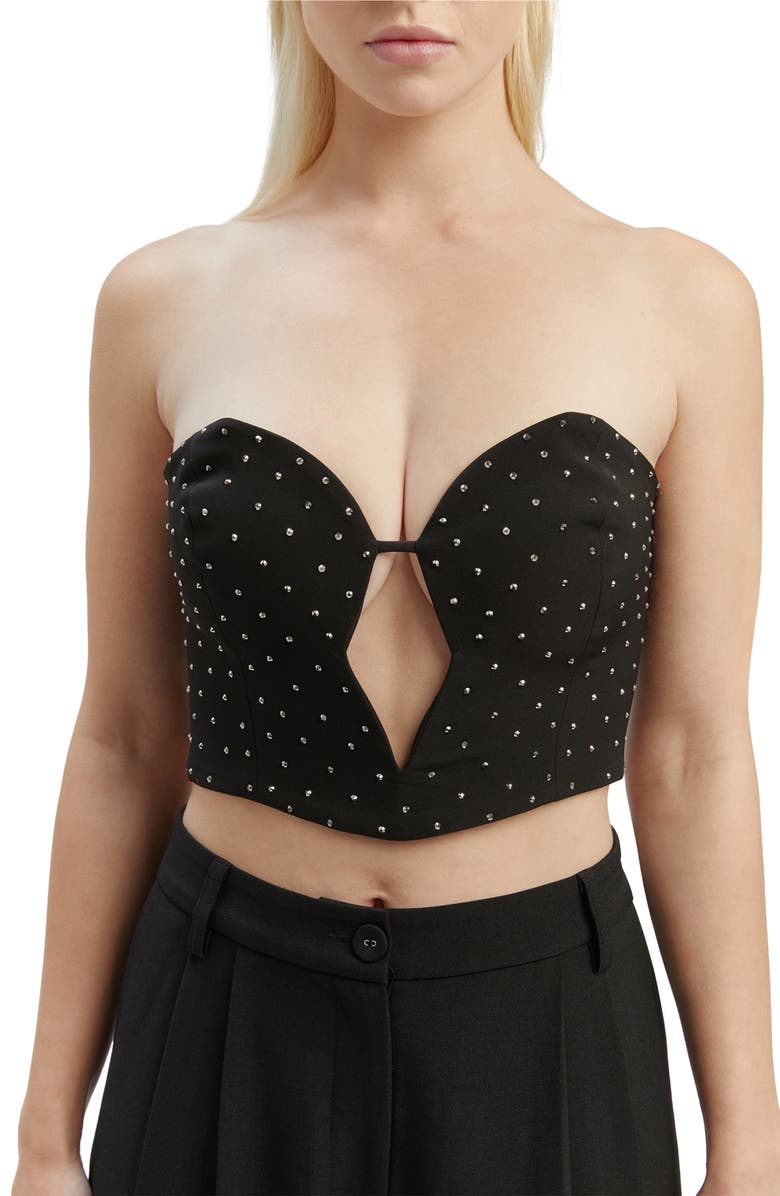 Bardot Eleni Embellished Strapless Velvet Corset Crop Top, Alternate, color, Black Sequin