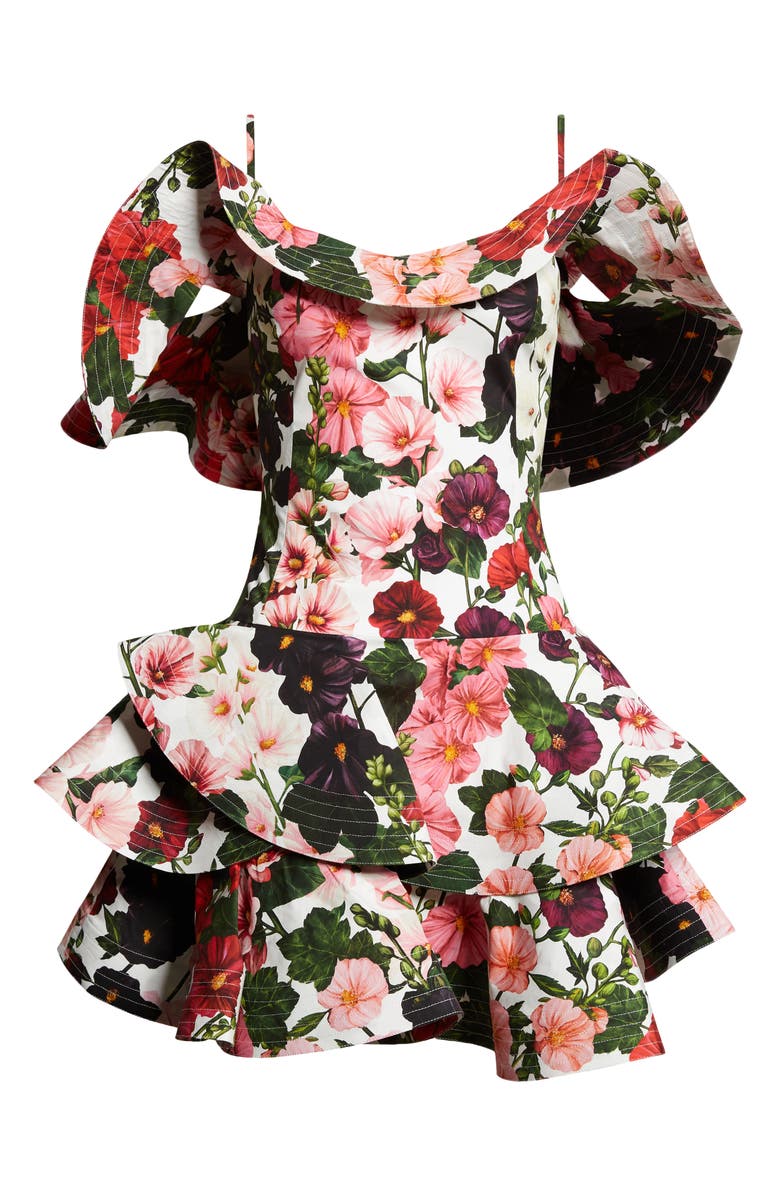Oscar de la Renta Hollyhock Print Cold Shoulder Stretch Cotton Poplin Minidress, Alternate, color, 