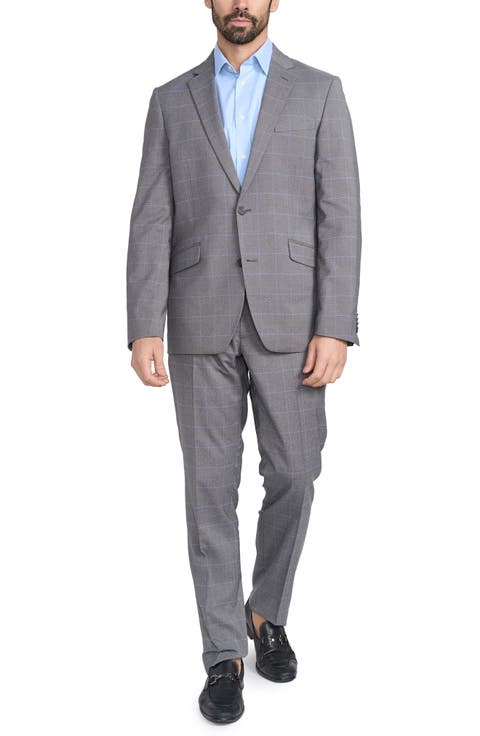 Gray Windowpane Plaid Print Trim-Fit Suit