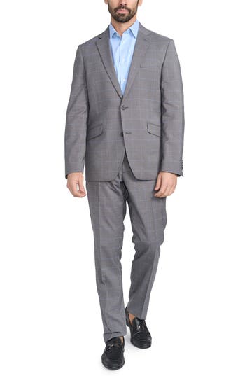 Savile Row Co Gray Windowpane Plaid Print Trim-fit Suit In Grey