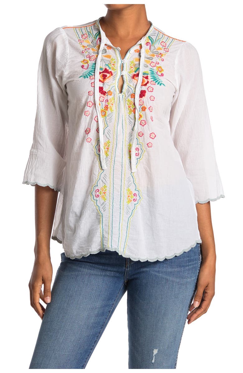 Johnny Was Limon Embroidered Scallop Edge Blouse, Main, color,