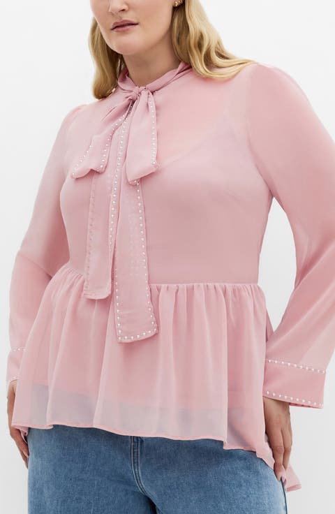 Kara Studded Pussybow Sheer Top (Plus)