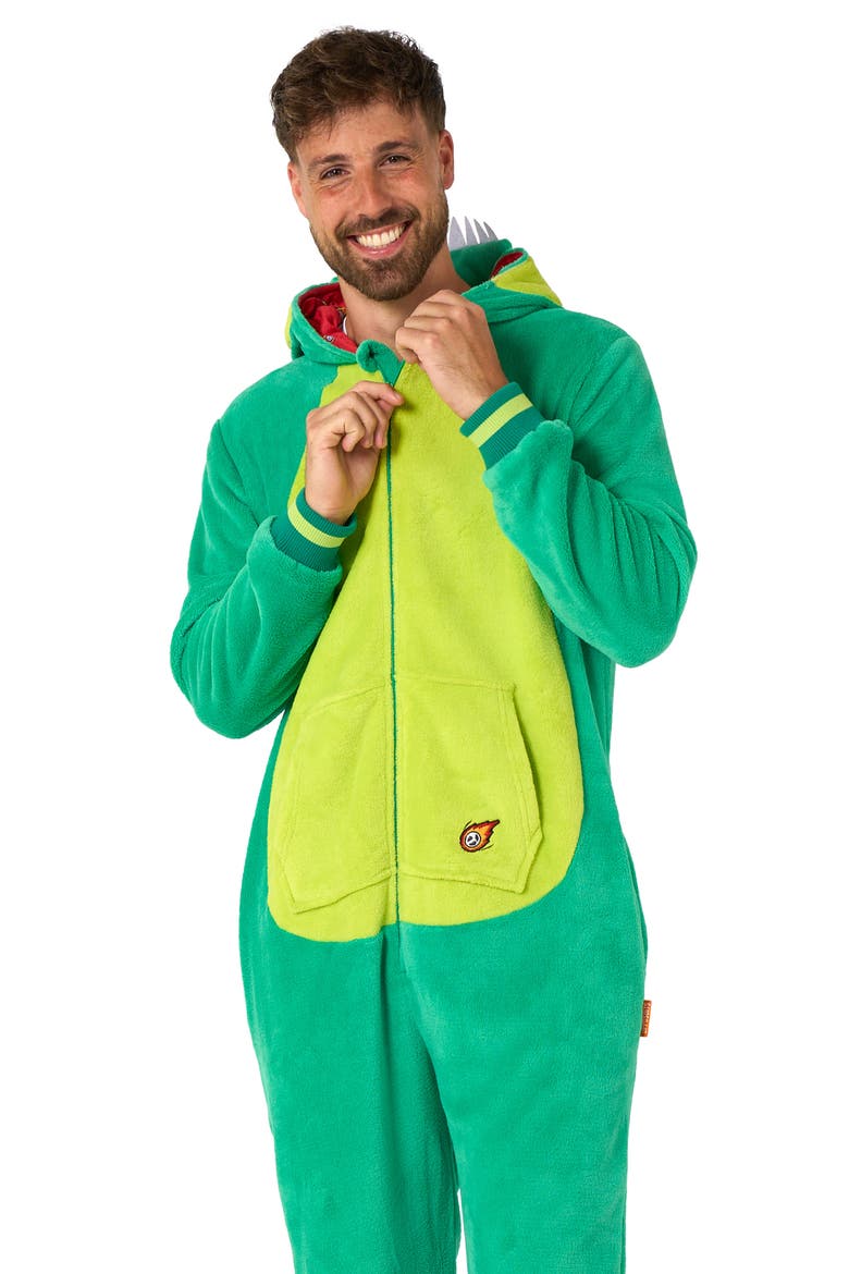 Dinosaur Hooded Fleece Costume Jumpsuit, Alternate, color, GREEN