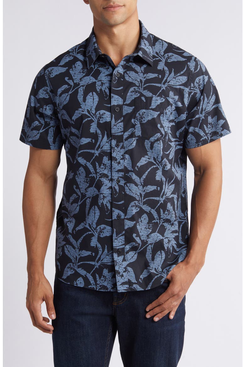 Photo Finish Short Sleeve Button-Up Shirt, Main, color, BLACK