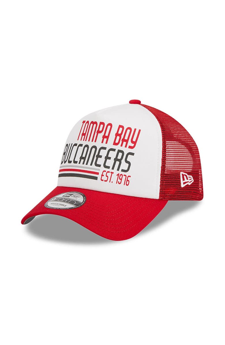 New Era Men's New Era White/Red Tampa Bay Buccaneers Stacked A-Frame Trucker 9FORTY Adjustable Hat, Main, color, White
