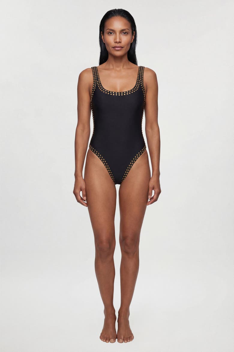 Studded Trim One Piece Swimsuit, Alternate, color, Black