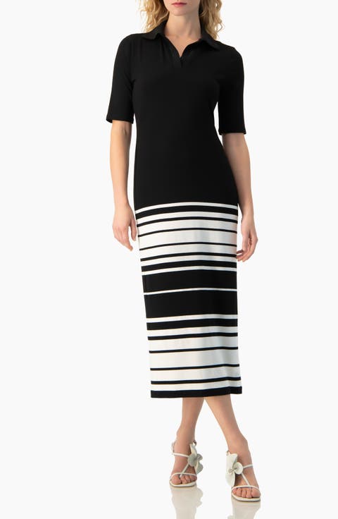 Colorblock Stripe Polo-Neck Knit Fitted Midi Dress