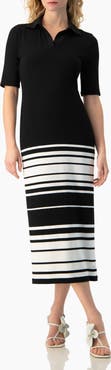 IVONNE Colorblock Stripe Polo-Neck Knit Fitted Midi Dress