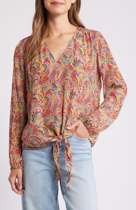 Print V-Neck Tie Front Chiffon Top
