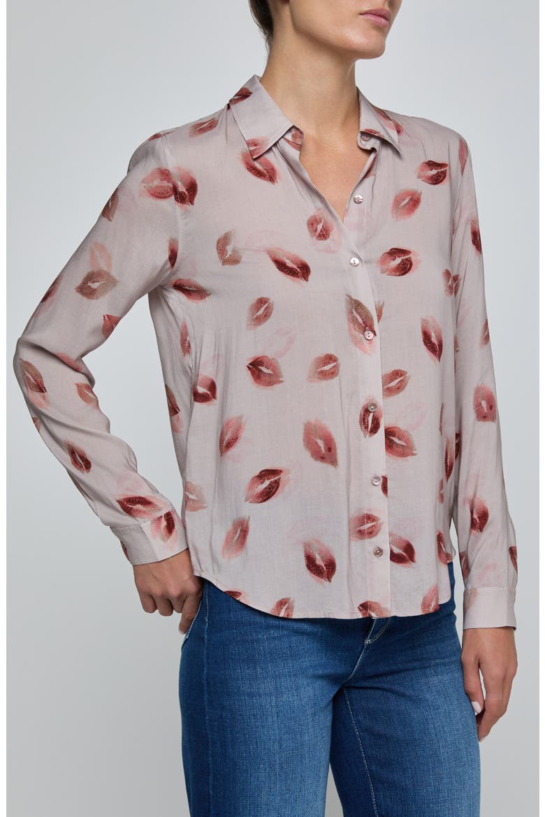 Holly Lips Pattern Woven Shirt, Alternate, color, TAUPE/ DARK RED KISS