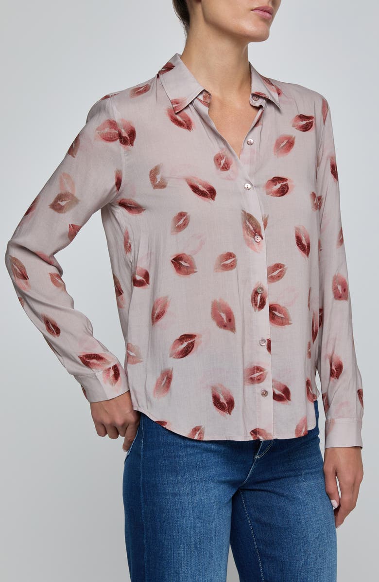 L'AGENCE Holly Lips Pattern Woven Shirt, Alternate, color, Taupe/ Dark Red Kiss