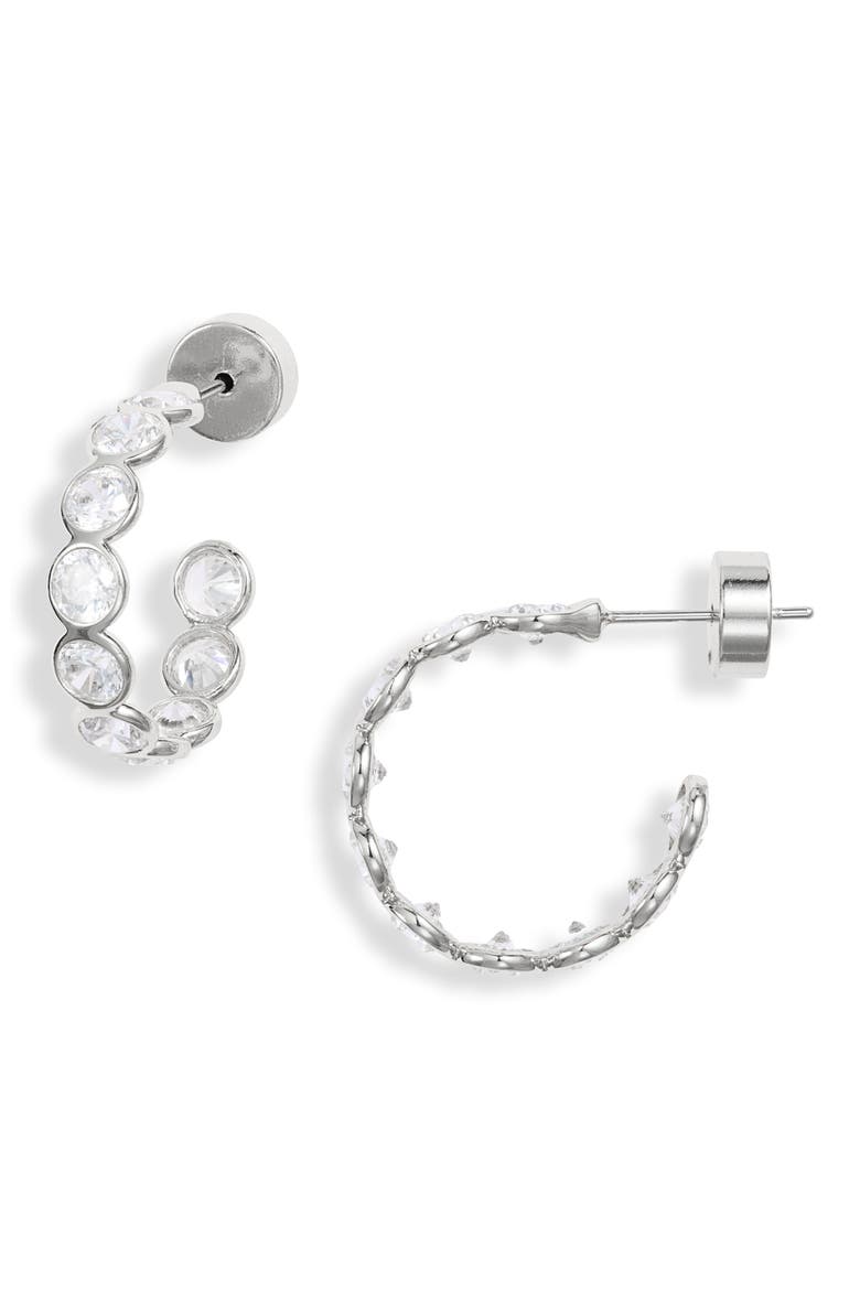 Scalloped Cubic Zirconia Hoop Earrings, Main, color, CLEAR- SILVER