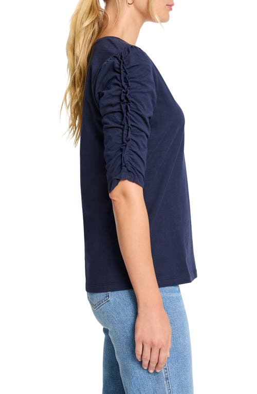 Shop Nzt By Nic+zoe Ruched Elbow Sleeve Split V-neck T-shirt In Dark Indigo