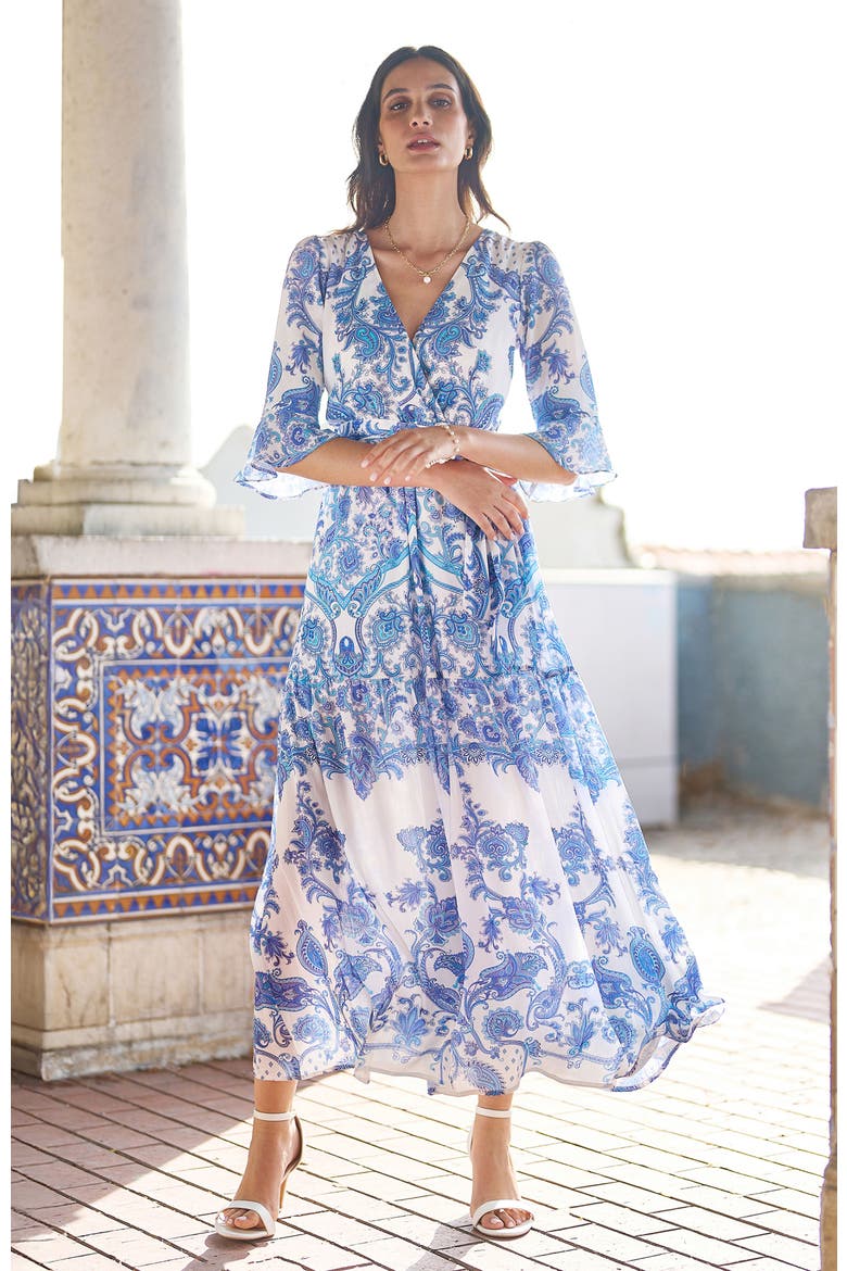 3/4 Sleeves Paisley Wrap Midi Dress, Alternate, color, Blue