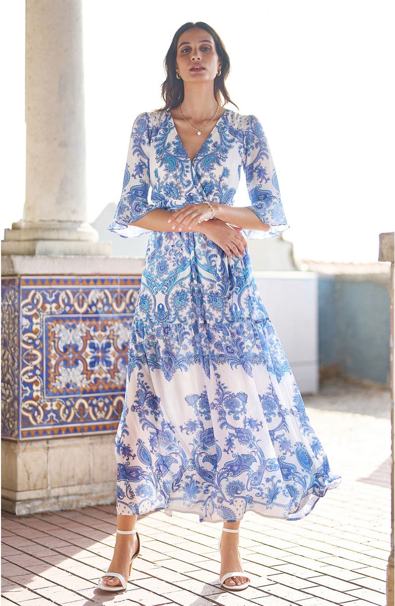 Yumi 3/4 Sleeves Paisley Wrap Midi Dress, Alternate, color, Blue