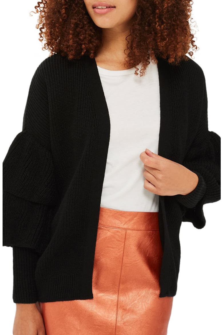 Layered Ruffle Sleeve Cardigan, Main, color, BLACK