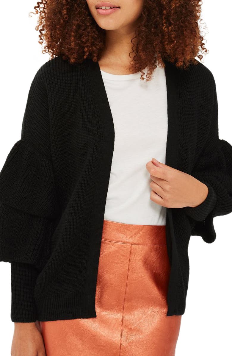 Topshop Layered Ruffle Sleeve Cardigan, Main, color, 