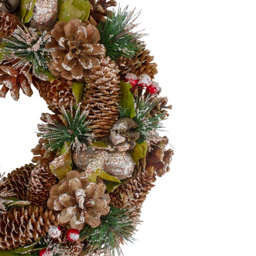 Northlight Green And Brown Frosted Pinecones And Bells Christmas Wreath In Green