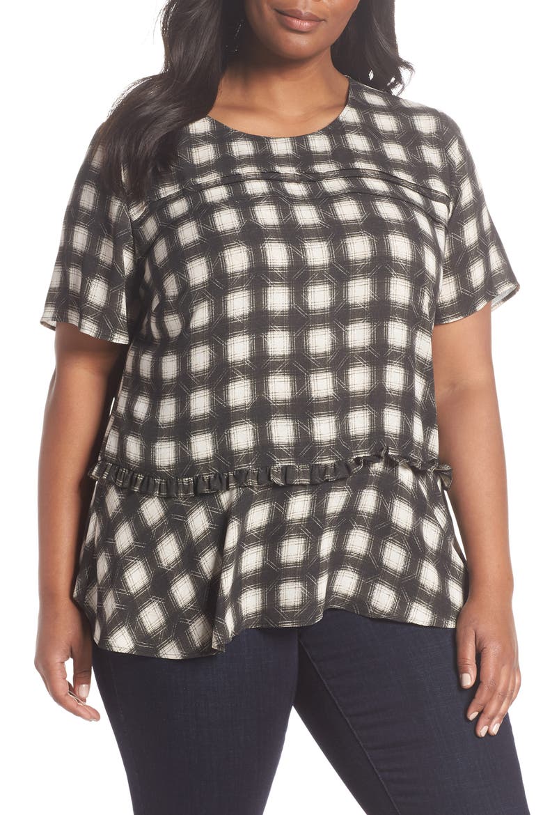 Peplum Crepe Top, Main, color, BLACK- TAN AVA PLAID