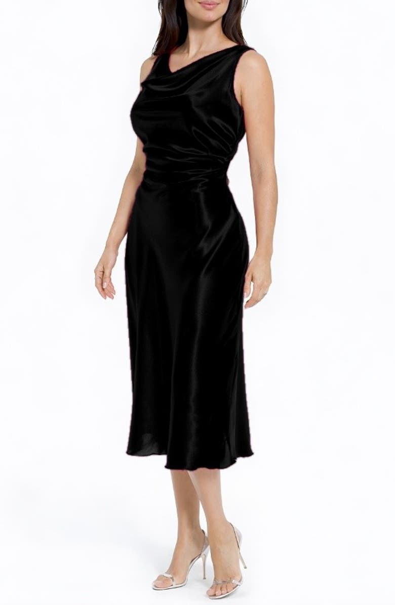 bebe Cowl Neck Sleeveless Satin Midi Dress, Alternate, color, Black