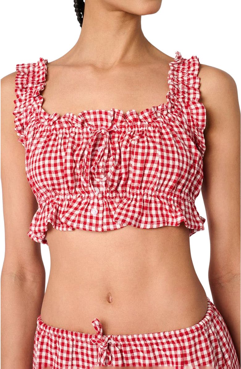 WeWoreWhat Ruffle Button Up Crop Top, Alternate, color, Red Multi