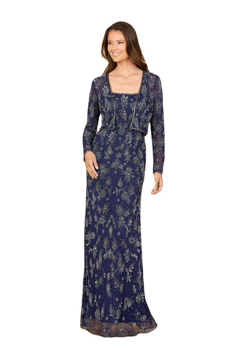 Sheath Gown with Long Sleeve Jacket, Main, color, Navy