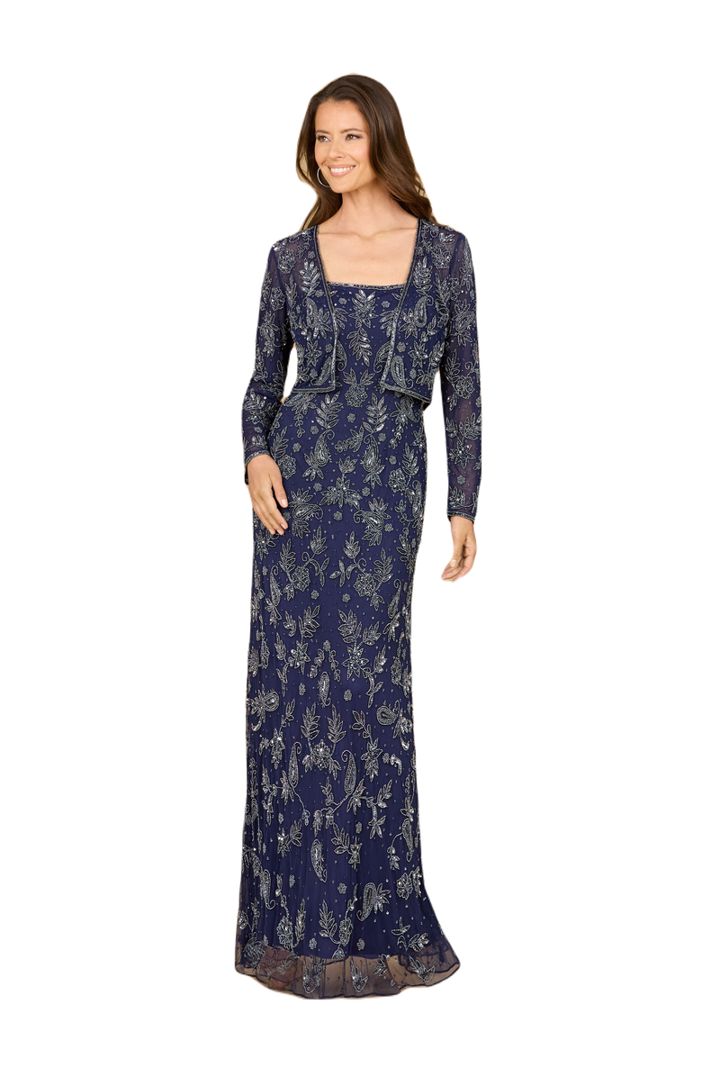 LARA New York Sheath Gown with Long Sleeve Jacket, Main, color, Navy