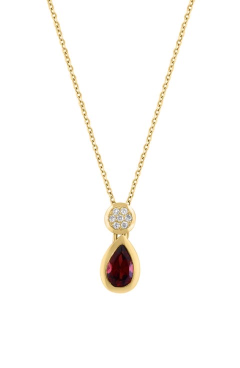 14K Yellow Gold Garnet & Diamond Teardrop Pendant Necklace - 0.07ct.