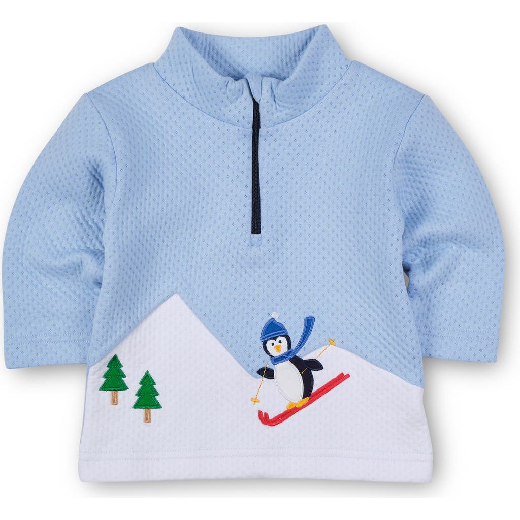 Florence Eiseman Jacquard Knit Half Zip With Skiing Penguin In Blue