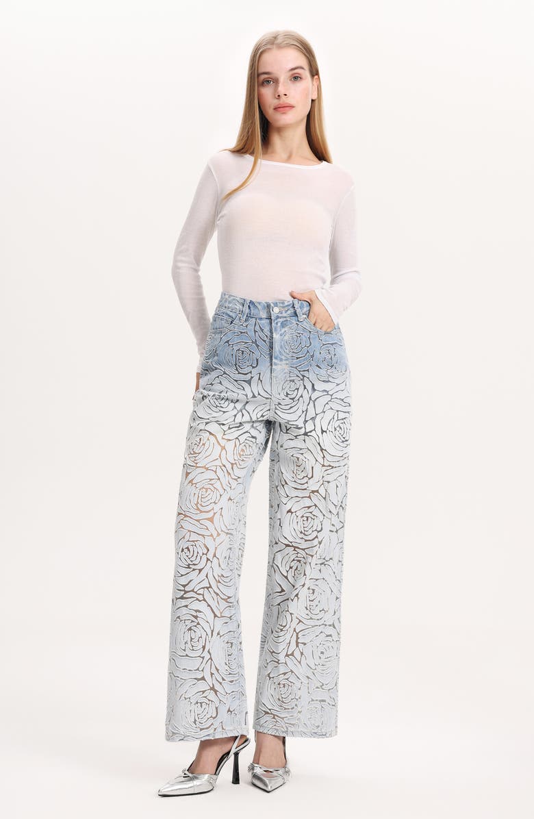Bayeas Laser Cut High Waist Wide Leg Jeans, Alternate, color, Light Blue