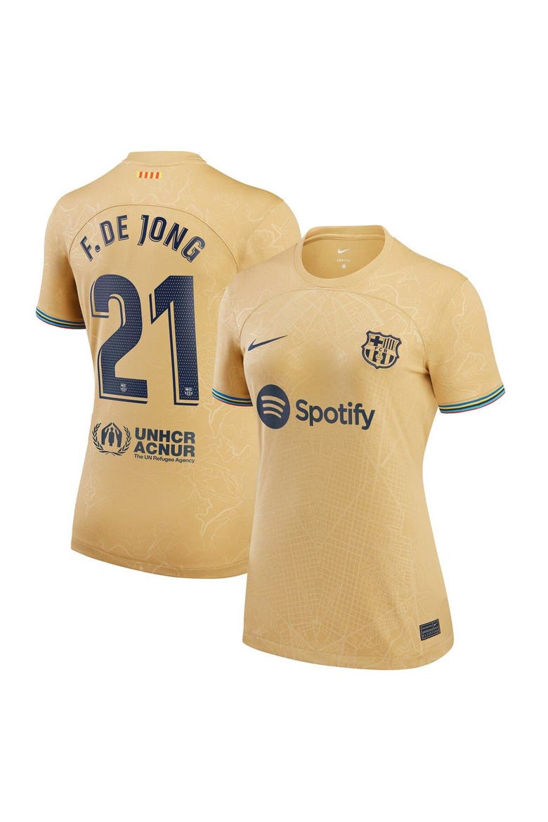 Women's Nike Frenkie de Jong Yellow Barcelona 2022/23 Away Replica Player Jersey, Main, color, Gold