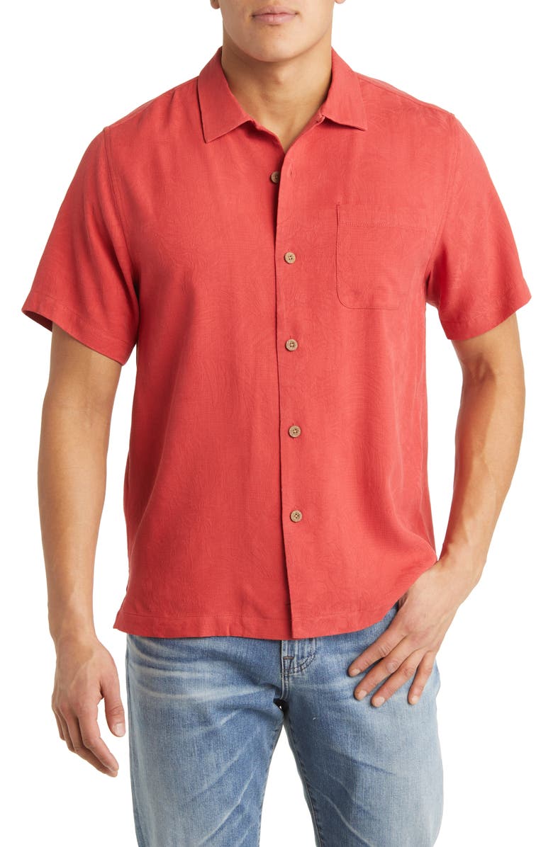 Tommy Bahama Tropic Isle Short Sleeve Button-Up Silk Camp Shirt, Main, color, Dk Havana