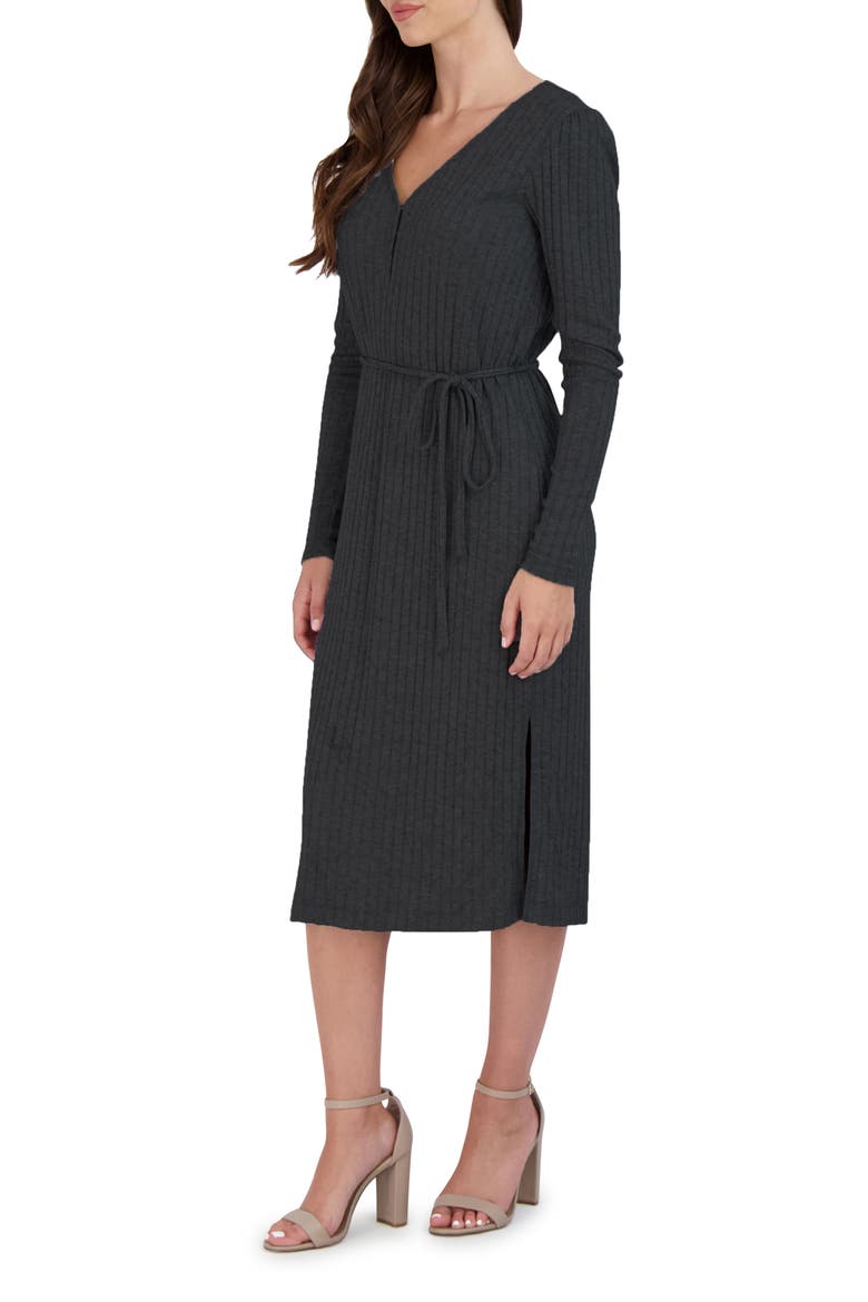 Rib Tie Waist Long Sleeve Sweater Dress, Alternate, color, BLACK
