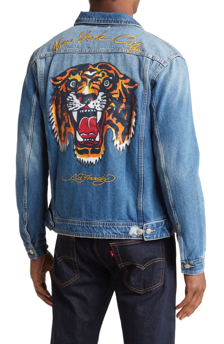 Ed Hardy Embroidered Tiger NYC Trucker Denim Jacket | Nordstromrack