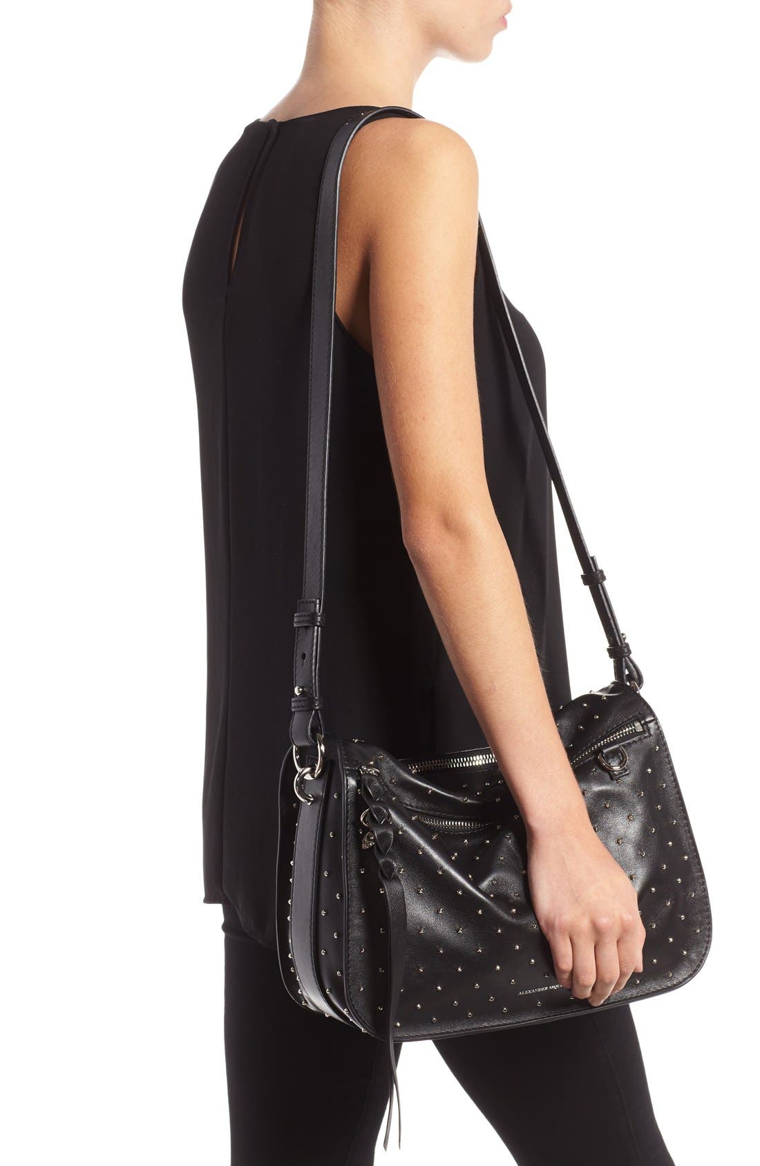 Alexander McQueen 'Skull' Pin Stud Leather Hobo, Alternate, color, BLACK