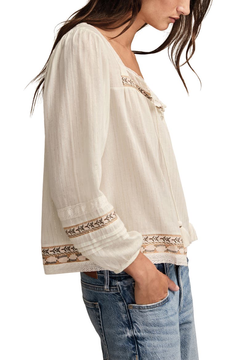 Metallic Stripe Embroidered Cotton Peasant Top, Alternate, color, AQUA BLUE