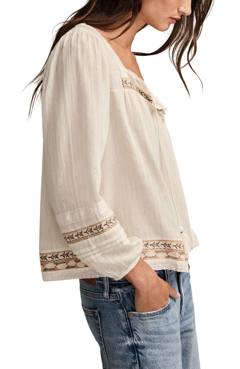 Lucky Brand Metallic Stripe Embroidered Cotton Peasant Top, Alternate, color,