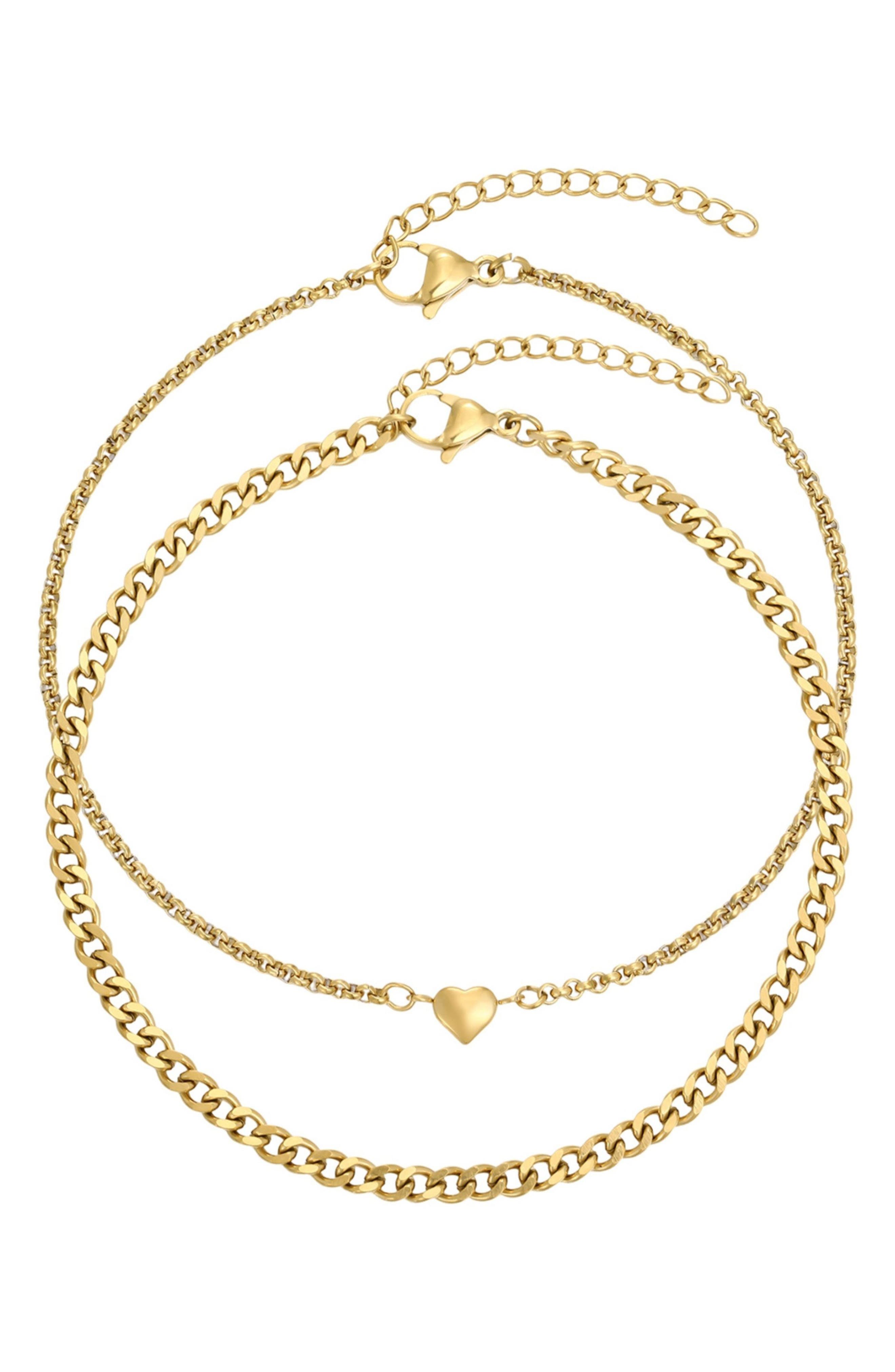 Adornia Set of 2 Tarnish Resistant 18K Gold Plated Heart & Curb Chain Anklets