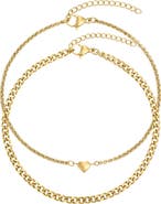 Adornia Set of 2 Tarnish Resistant 18K Gold Plated Heart & Curb Chain Anklets