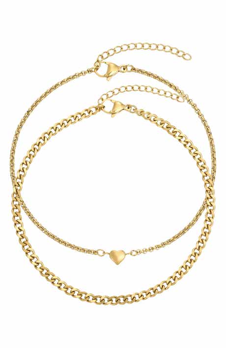Adornia Set of 2 Tarnish Resistant 18K Gold Plated Heart & Curb Chain Anklets