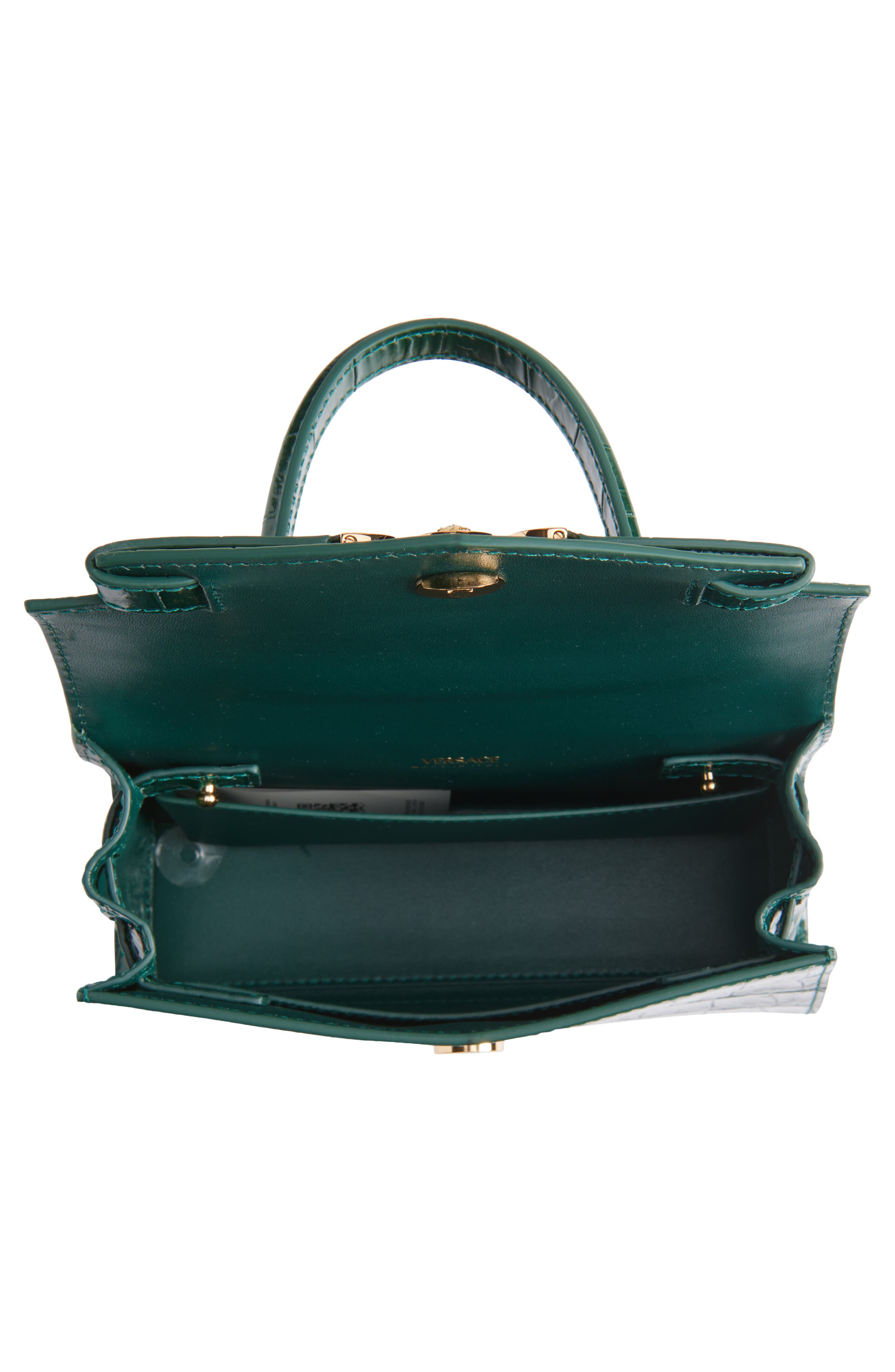 Versace Small Medusa '95 Croc Embossed Leather Top Handle Bag, Alternate, color, Dark Emerald Gold