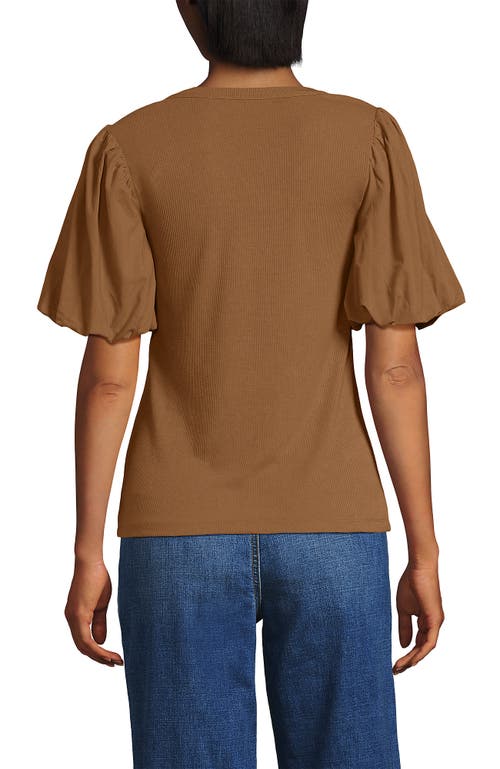 Lands' End Drapey Rib Puff Sleeve Scoop Neck Top In Brown