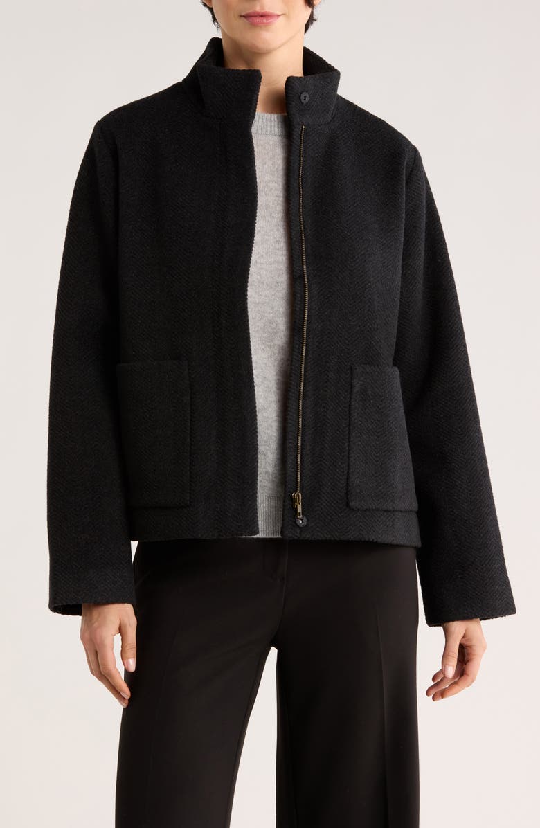 Eileen Fisher High Collar Short Wool Coat, Main, color, Char