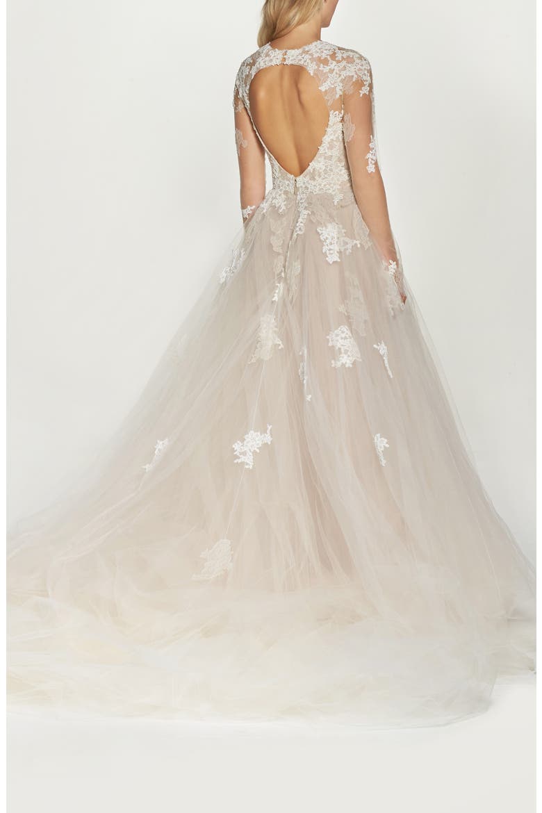 Rachelle Long Sleeve Tulle Wedding Dress, Alternate, color, LATTE
